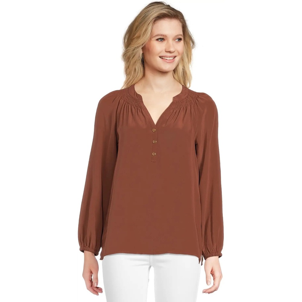 New Lilly Pulitzer Elsa Long Sleeve  100% Silk Blouse in French Roast‎ Brown S